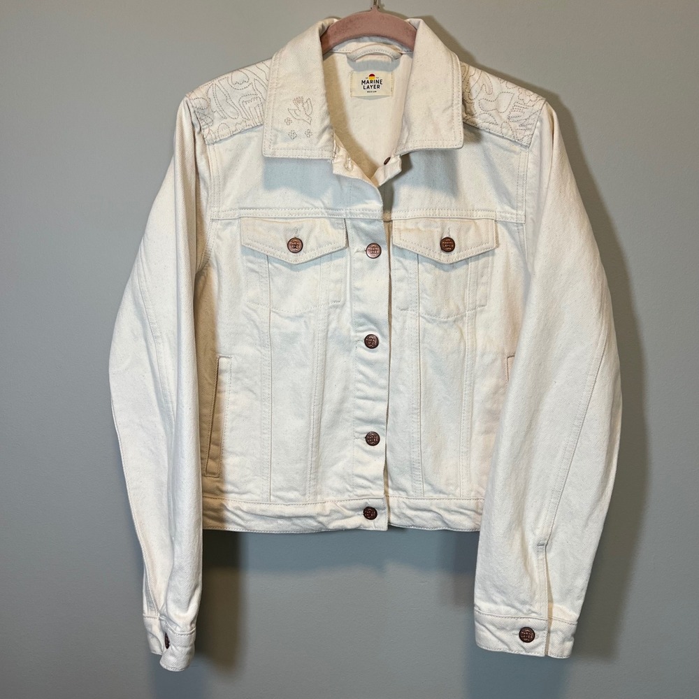 Marine Layer Women's Cream Denim Jean Jacket Embroidered Shoulder White Medium